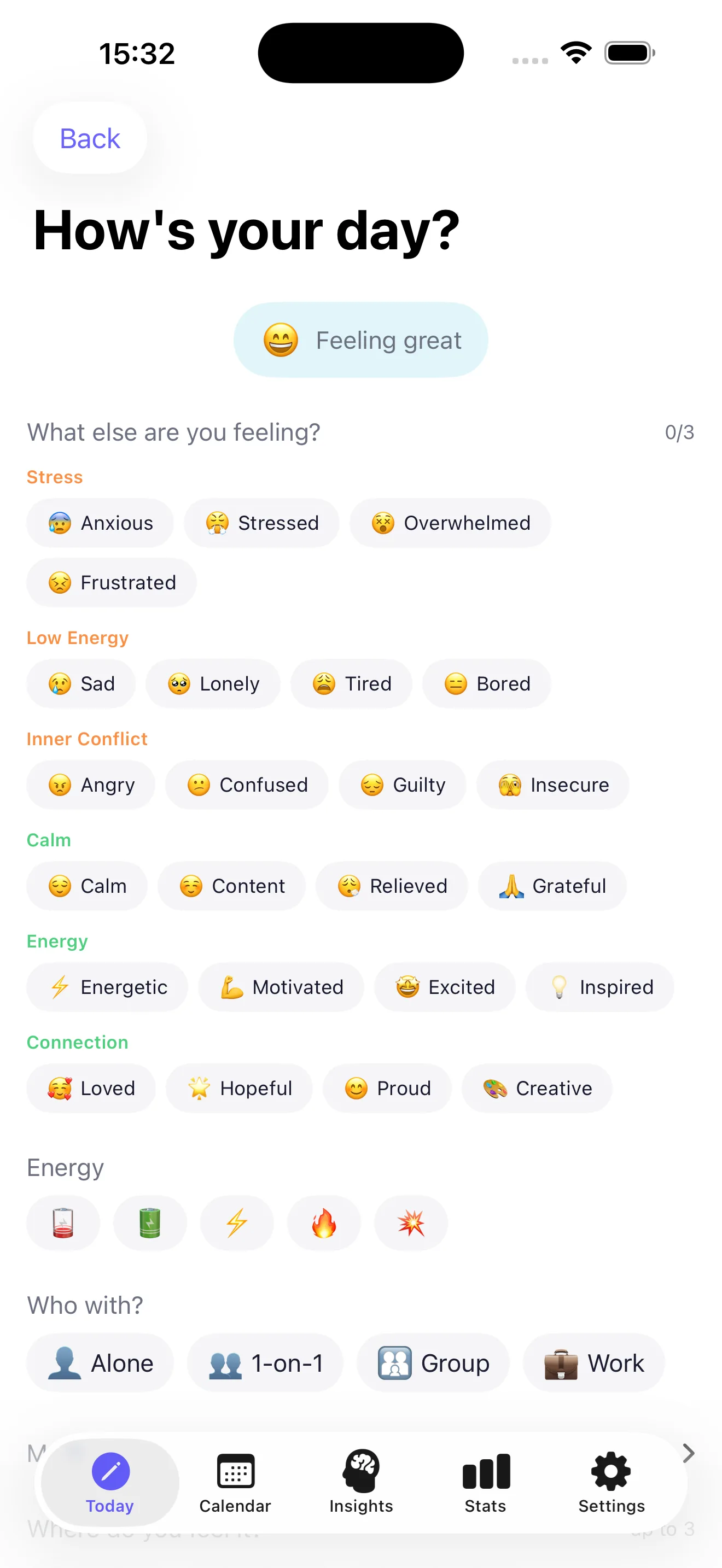 Pantalla de contexto de Zenjot — emociones opcionales, nivel de energía y contexto social